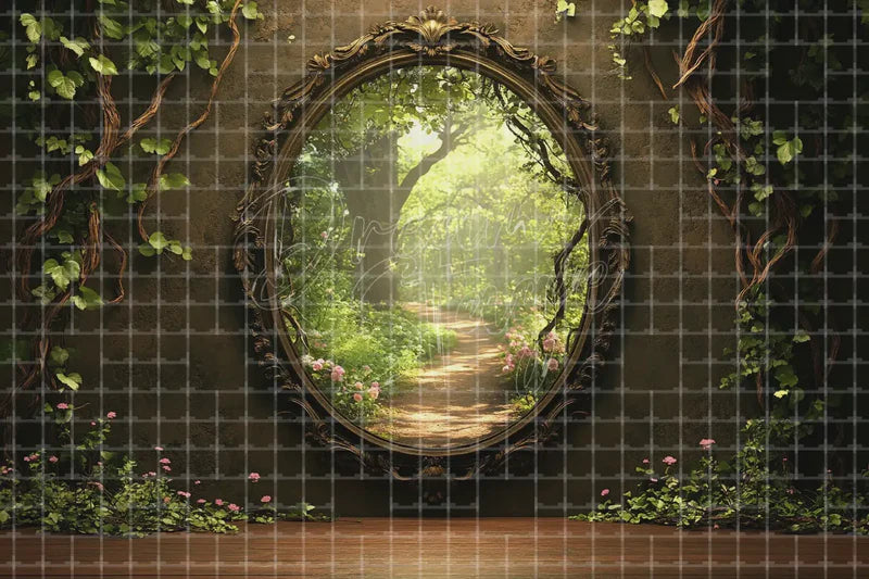 Enchanted garden mirror deco backdrop background with vintage oval mirror, ivy, flowers, and forest view for spring fantasy parties, secret garden displays, boutique styling, and photo booths.