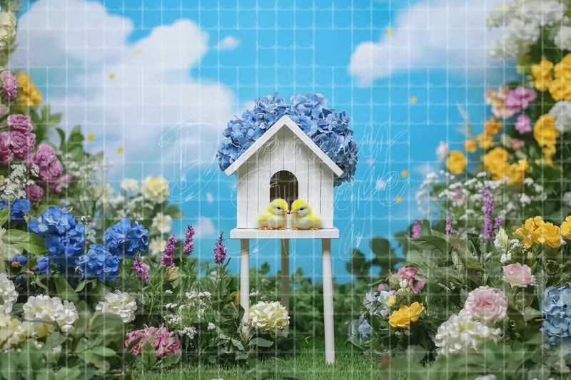 Blue birdhouse garden deco backdrop background with flowers, blue sky, and spring cottage charm for baby showers, porch parties, Easter displays, garden events, and floral photo booths.