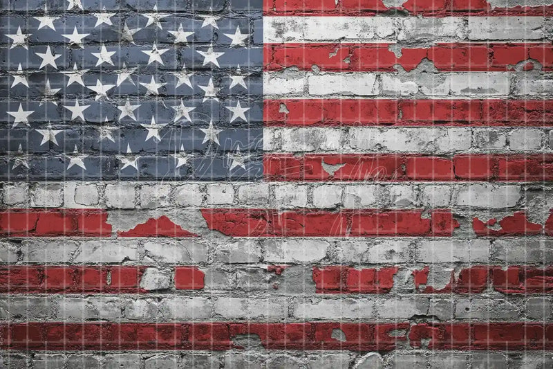 American flag brick wall deco backdrop background with distressed red white and blue texture for Independence Day parties, Fourth of July photo booths, patriotic displays, school events, and Americana decor.