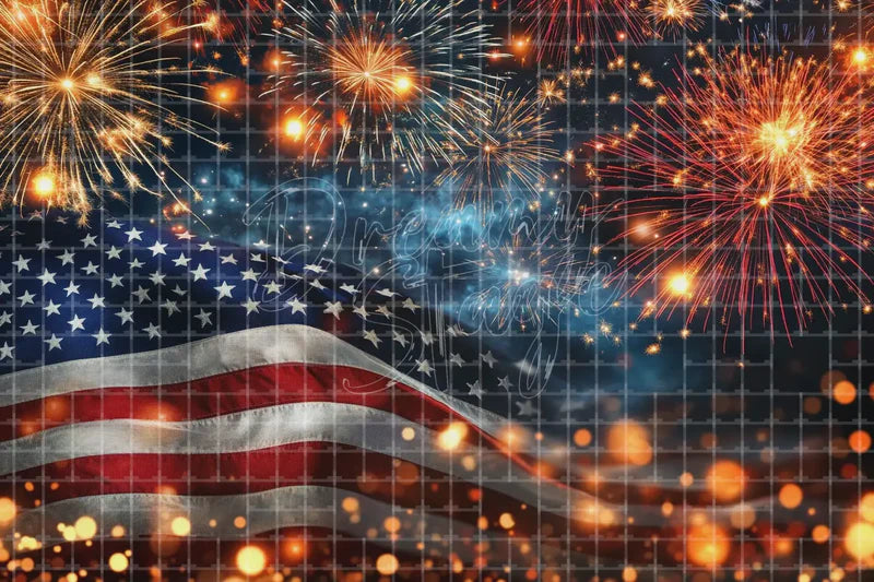 Fireworks American flag deco backdrop background with patriotic night lights and waving flag details for Fourth of July celebrations, Independence Day parties, Memorial Day displays, and photo booths.