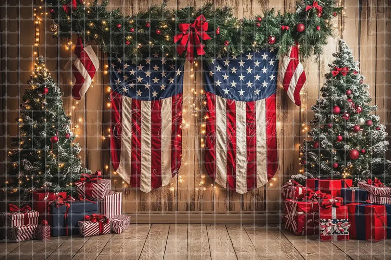 Rustic patriotic holiday tree deco backdrop background with American flags, Christmas trees, gifts, and farmhouse decor for Americana parties, Fourth of July displays, Christmas in July events, and photo booths.