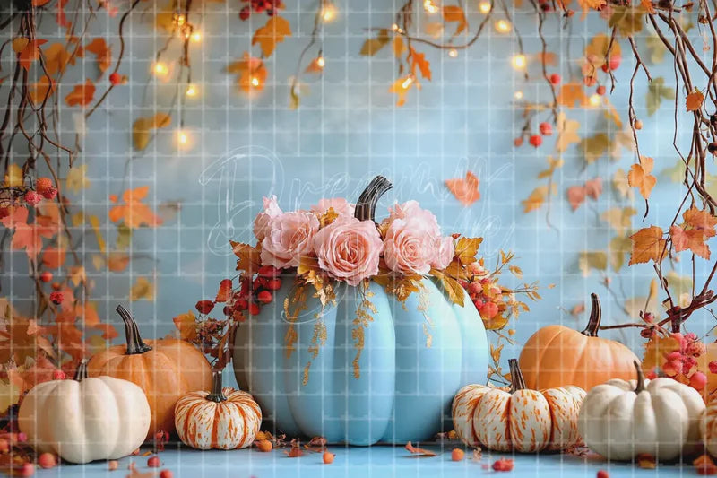 Blue pumpkin fall harvest deco backdrop background with pastel pumpkins, autumn leaves, and warm string lights for Thanksgiving parties, fall porch displays, harvest events, and photo booths.