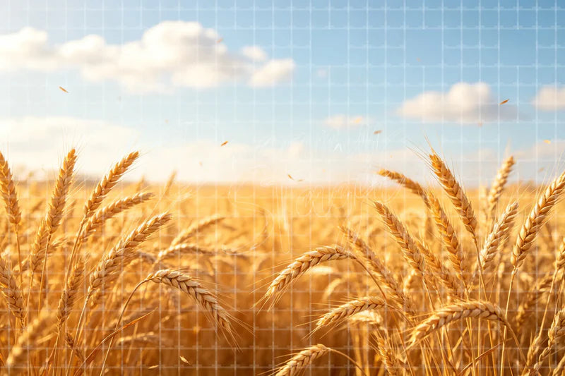 Golden wheat field deco backdrop background with warm sunshine and rustic grain field scenery for Thanksgiving harvest festivals, fall farm parties, church displays, market booths, and photo booths.