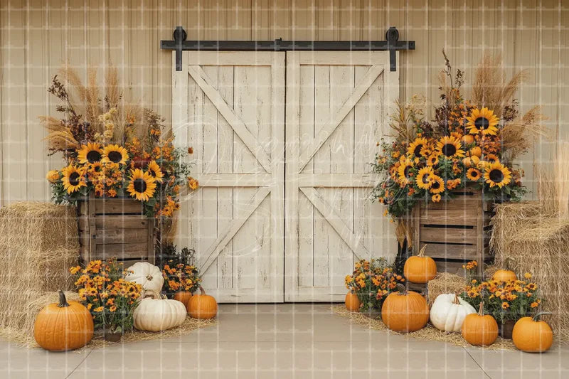 Farmhouse barn door pumpkin deco backdrop background with white wood doors, pumpkins, sunflowers, and rustic fall styling for Thanksgiving porch parties, autumn weddings, harvest photo booths, and shop displays.