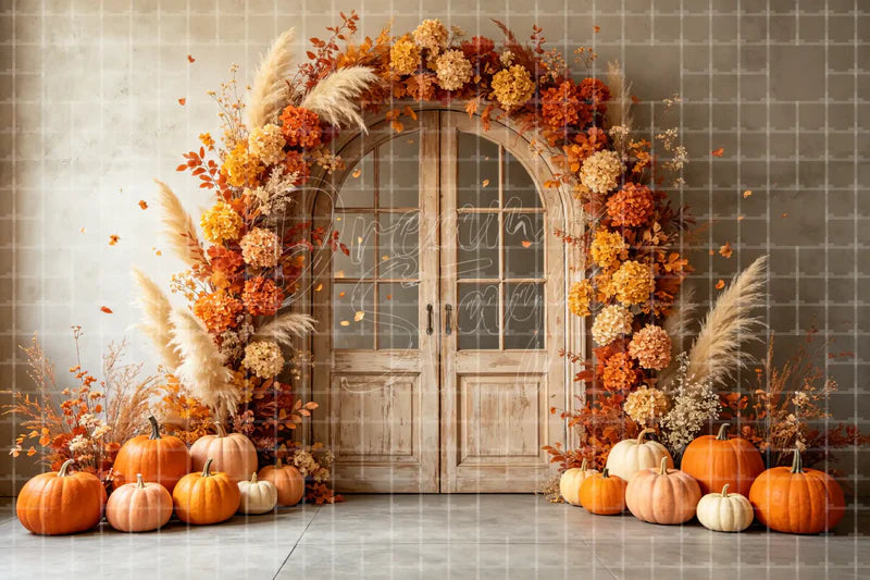 Pumpkin floral doorway deco backdrop background with autumn wreath, pumpkins, and warm flowers for Thanksgiving events, fall wedding showers, harvest displays, boutique doors, and photo booths.