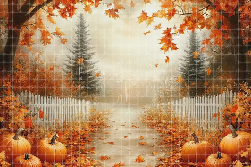 Autumn forest path pumpkin deco backdrop background with falling leaves, warm trees, and pumpkins for Thanksgiving parties, fall festivals, school events, harvest displays, and photo booths.