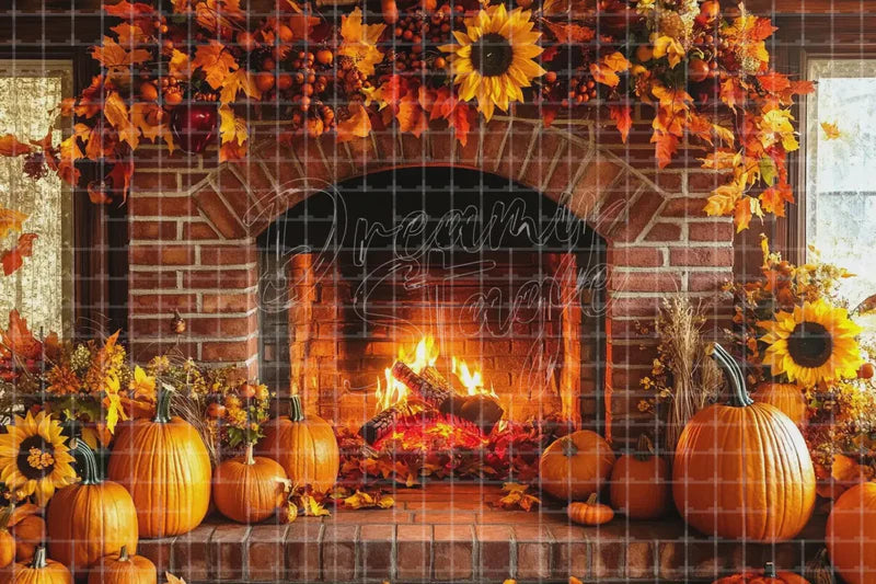Thanksgiving fireplace pumpkin deco backdrop background with glowing firelight, sunflowers, and pumpkins for fall family parties, harvest dinners, restaurant decor, church events, and photo booths.