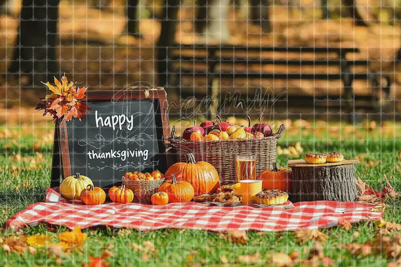 Thanksgiving picnic sign deco backdrop background with pumpkins, rustic fence, gingham picnic setup, and harvest details for fall farm events, outdoor photo booths, classroom celebrations, and seasonal decor.