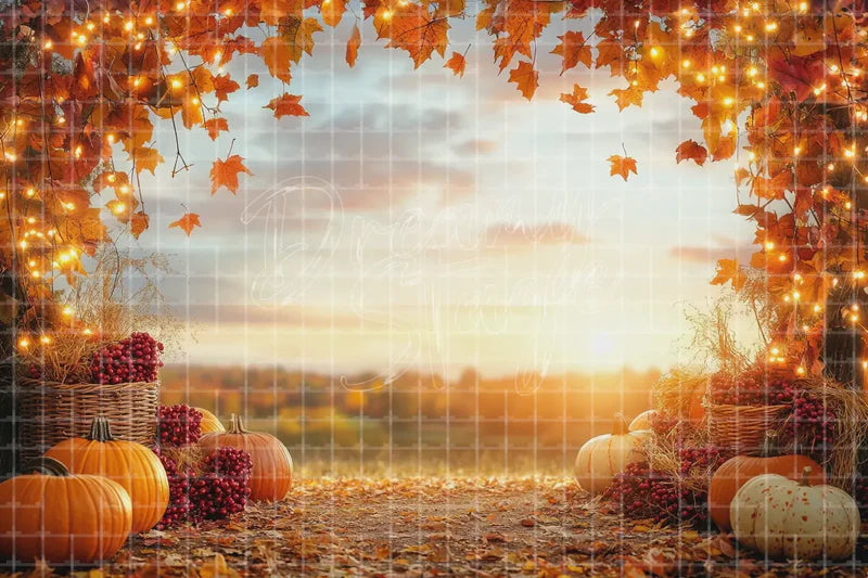 Pumpkin sunset country road deco backdrop background with glowing autumn sky, pumpkins, and rustic landscape scenery for Thanksgiving festivals, fall parties, harvest displays, and photo booths.