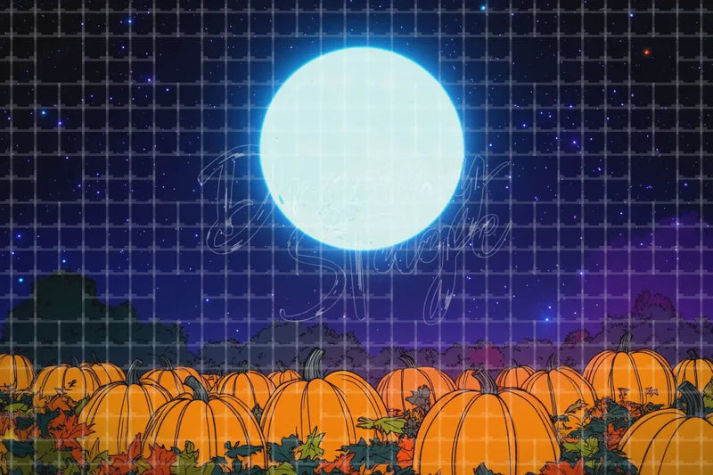 Moonlit pumpkin patch deco backdrop background with full moon, night sky, and autumn pumpkins for Halloween parties, Thanksgiving displays, fall night events, seasonal shop windows, and photo booths.