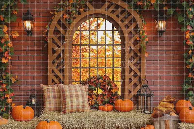 Autumn brick porch pumpkin deco backdrop background with rustic window, plaid blanket, pumpkins, and fall leaves for Thanksgiving entryway displays, fall parties, harvest photo booths, and retail windows.