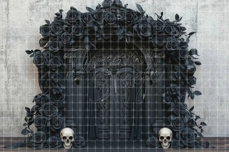 Black rose gothic door Halloween digital deco backdrop with skulls, dark floral arch, haunted doorway, and spooky gothic decor for events and photo booths.