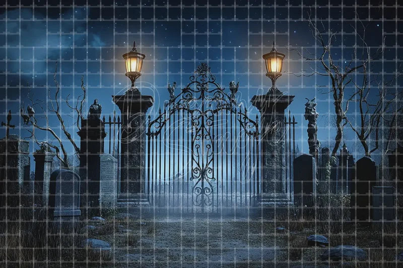 Spooky cemetery gate Halloween digital decor backdrop with fog, lanterns, tombstones, haunted blue night scenery, and gothic graveyard entrance.