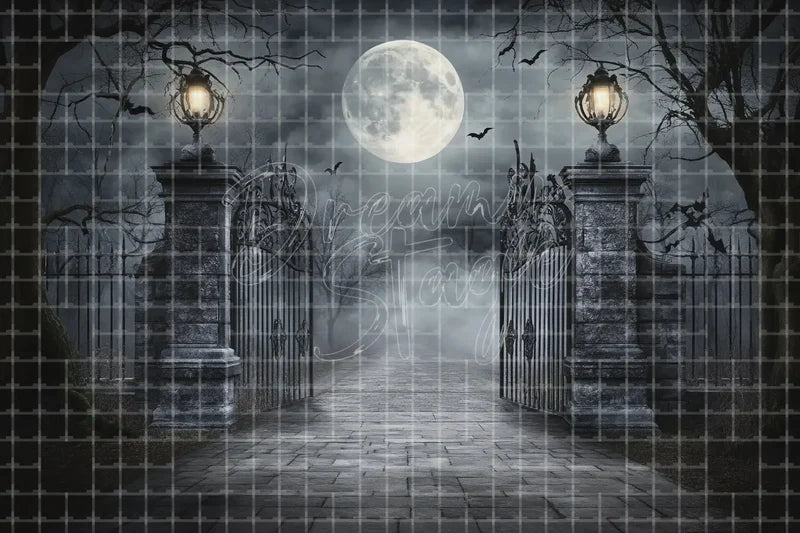 Full moon graveyard gate Halloween digital backdrop with foggy cemetery path, wrought iron gates, bare trees, moonlight, and spooky tombstones.