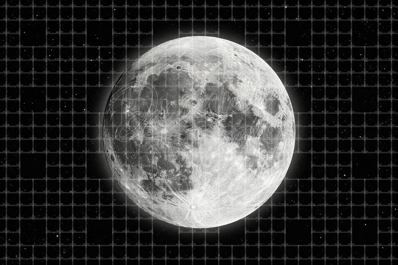 Realistic full moon Halloween digital background with detailed lunar surface, black starry night sky, and spooky moonlight for projection and decor.