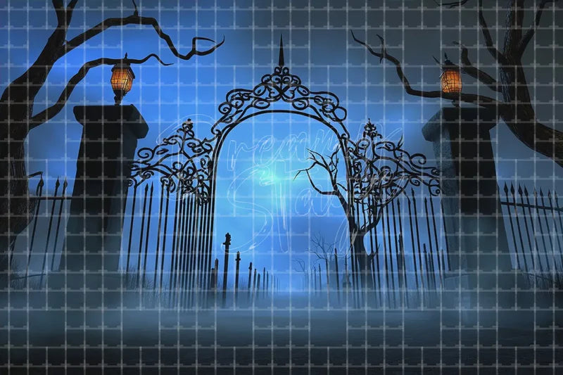Blue moon haunted gate Halloween digital deco backdrop with gothic iron gate, fog, twisted trees, lanterns, and spooky cemetery entrance.