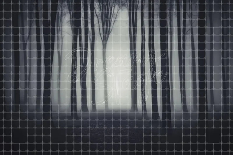 Dark haunted forest Halloween digital background with tall shadow trees, misty light, eerie woodland atmosphere, and spooky decor scene.
