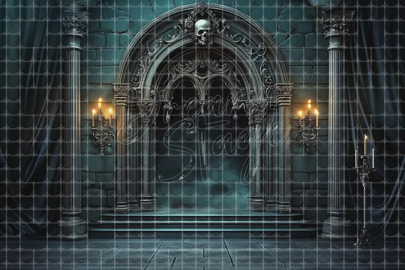 Gothic haunted mansion entrance Halloween digital backdrop with stone archway, candles, blue fog, dark drapery, and spooky mansion decor.