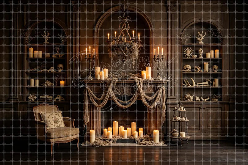 Vintage candlelit haunted library Halloween deco backdrop with dark bookshelves, candles, draped fabric, antique chair, and gothic interior decor.