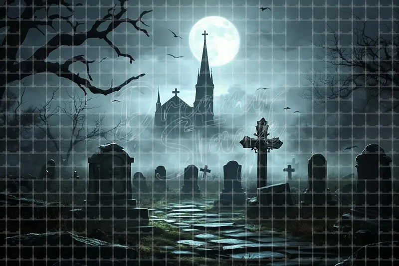 Moonlit graveyard path Halloween digital backdrop with full moon, tombstones, twisted trees, haunted silhouette, and eerie cemetery scenery.