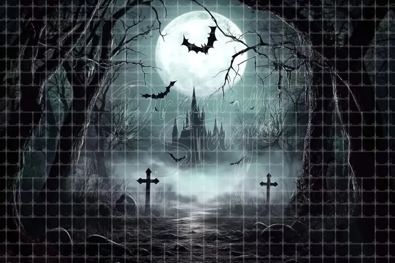 Spooky forest graveyard Halloween digital background with twisted trees, bats, crosses, fog, moonlight, and distant haunted castle silhouette.