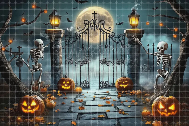 Pumpkin cemetery gate Halloween digital deco backdrop with jack-o-lanterns, skulls, skeletons, bats, candles, and spooky wrought iron gate.
