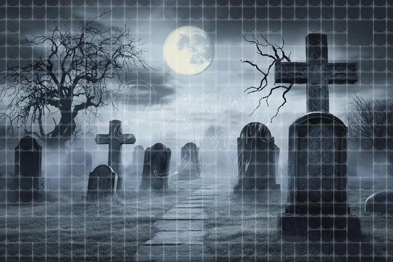 Foggy graveyard tombstone Halloween digital backdrop with mist, moonlight, crosses, bare trees, and eerie cemetery path scenery.