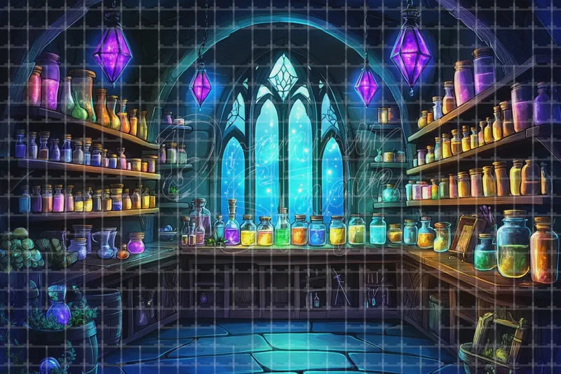Gothic magic potion shop Halloween digital decor backdrop with glowing bottles, stained glass windows, apothecary shelves, and witchy decor.