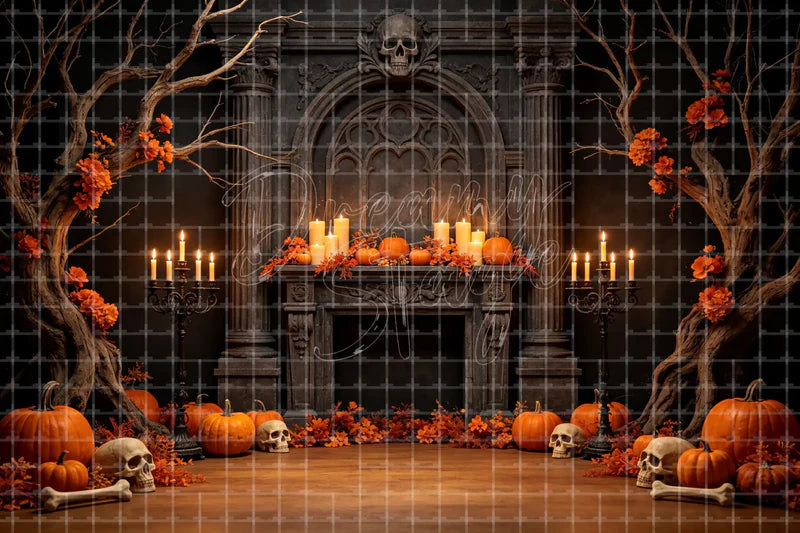 Haunted fireplace pumpkin Halloween deco backdrop with glowing candles, skulls, twisted branches, orange pumpkins, and gothic mantel decor.
