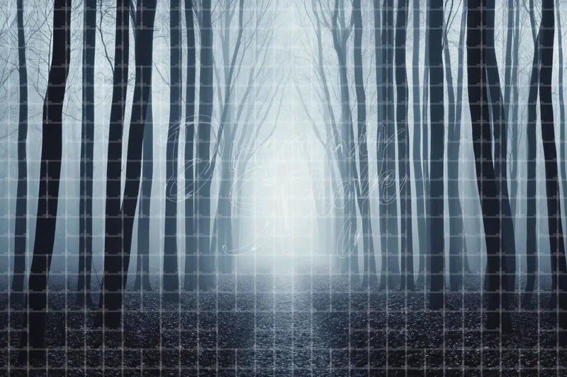 Misty dark forest Halloween digital background with tall bare trees, pale blue fog, eerie woodland path, and spooky haunted atmosphere.