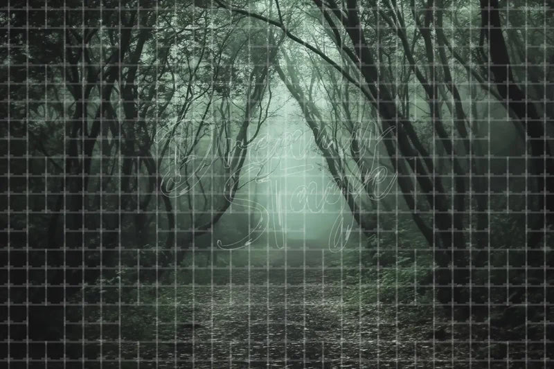 Green haunted forest path Halloween digital backdrop with misty woodland trail, tangled trees, eerie green light, and spooky forest atmosphere.