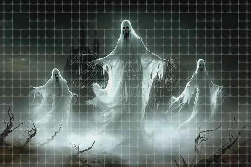 Floating ghosts Halloween digital decor background with glowing ghost figures, dark mist, bare branches, haunted castle, and spooky night scene.