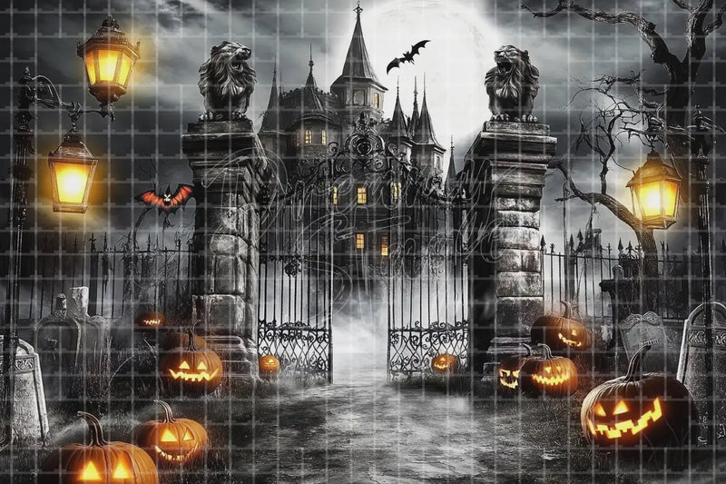 Haunted castle gate pumpkin Halloween digital backdrop with gothic statues, jack-o-lanterns, bats, glowing lanterns, and spooky mansion entrance.