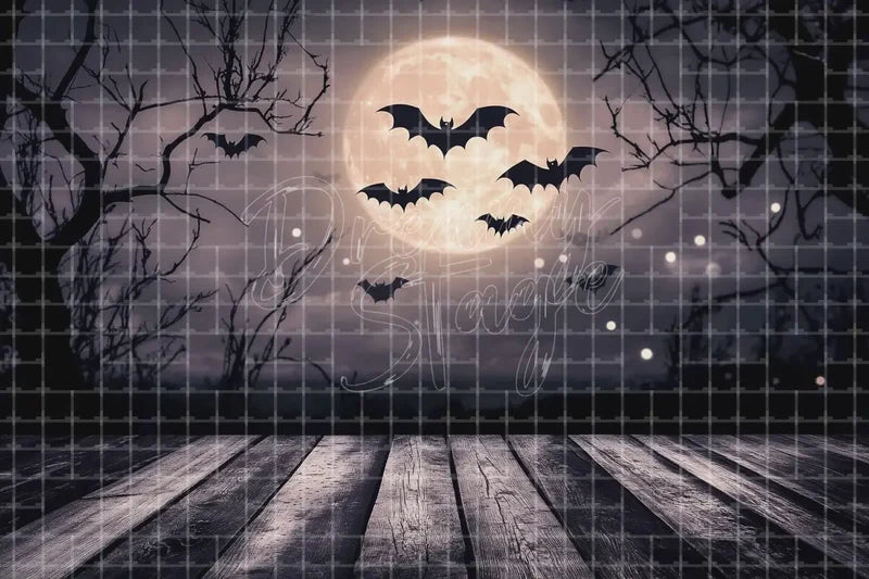 Bats and full moon Halloween digital background with spooky purple night sky, bare branches, wooden floor, and flying bats for photo booths.
