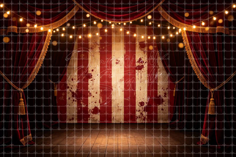 Vintage Halloween stage curtain digital backdrop with red theatre drapes, string lights, striped wallpaper, and warm party stage decor.