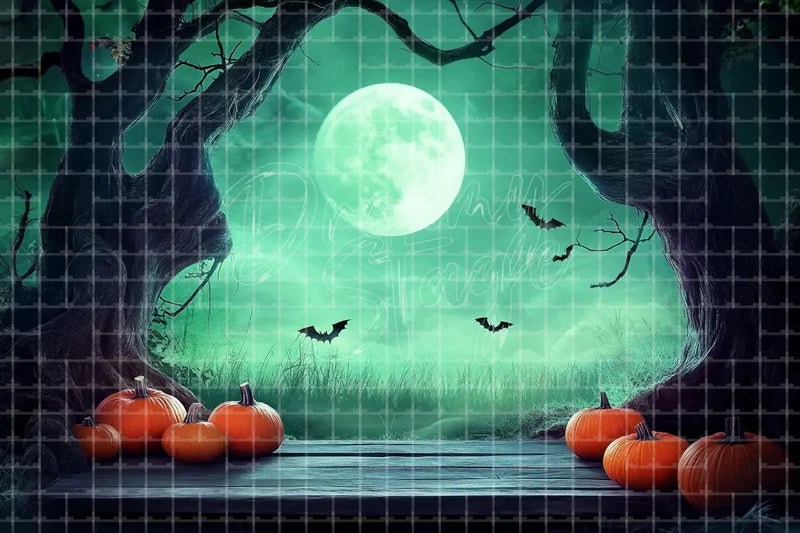 Green moon pumpkin forest Halloween digital deco backdrop with glowing moon, pumpkins, bats, twisted trees, and spooky woodland scenery.