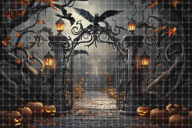 Haunted pumpkin gate Halloween digital decor backdrop with ornate iron gate, lanterns, ravens, twisted trees, pumpkins, fog, and gothic cemetery scene.