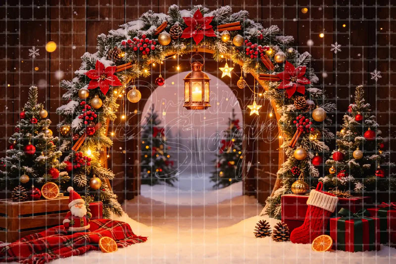 Christmas Ornament Arch digital decor backdrop and high-resolution holiday photo booth background for shop windows, holiday events, restaurant decor, bar parties, Christmas photo booths, retail displays, projection, LED screens, and local printing.