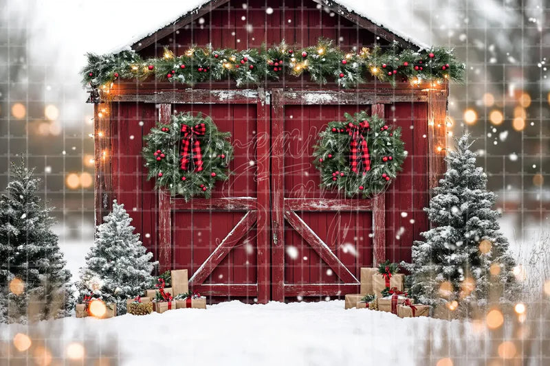 Snowy Red Christmas Barn digital decor backdrop and high-resolution rustic holiday background for shop windows, holiday events, restaurant decor, bar parties, Christmas photo booths, retail displays, projection, LED screens, and local printing.