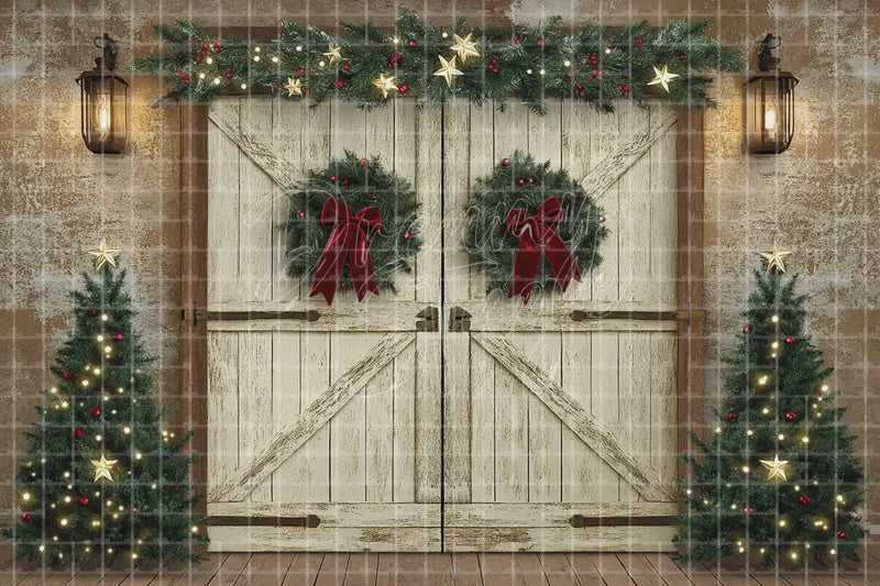 Rustic Christmas Barn Door digital decor backdrop and high-resolution rustic holiday background for shop windows, holiday events, restaurant decor, bar parties, Christmas photo booths, retail displays, projection, LED screens, and local printing.