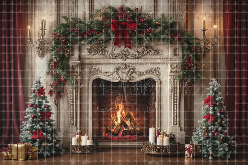 Elegant Christmas Fireplace Mantel digital decor backdrop and high-resolution holiday photo booth background for shop windows, holiday events, restaurant decor, bar parties, Christmas photo booths, retail displays, projection, LED screens, and local printing.