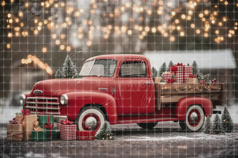 Vintage Red Truck Christmas Tree Farm digital decor backdrop and high-resolution holiday farm background for shop windows, holiday events, restaurant decor, bar parties, Christmas photo booths, retail displays, projection, LED screens, and local printing.