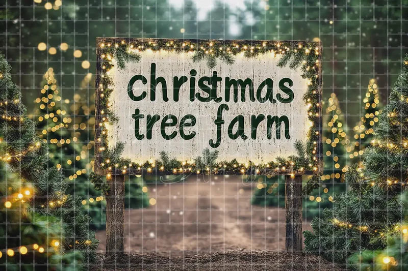 Christmas Tree Farm Sign digital decor backdrop and high-resolution holiday farm background for shop windows, holiday events, restaurant decor, bar parties, Christmas photo booths, retail displays, projection, LED screens, and local printing.