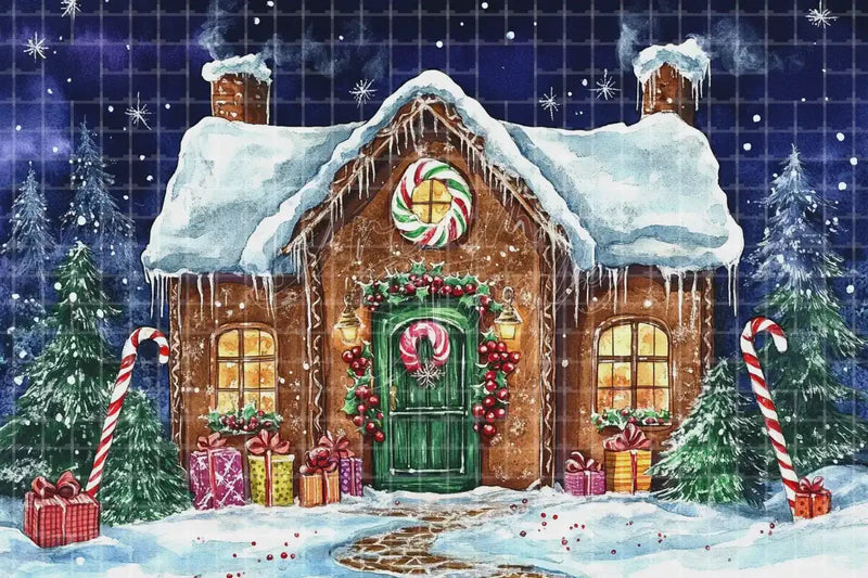 Snowy Gingerbread House Christmas digital decor backdrop and high-resolution holiday candyland background for shop windows, holiday events, restaurant decor, bar parties, Christmas photo booths, retail displays, projection, LED screens, and local printing.
