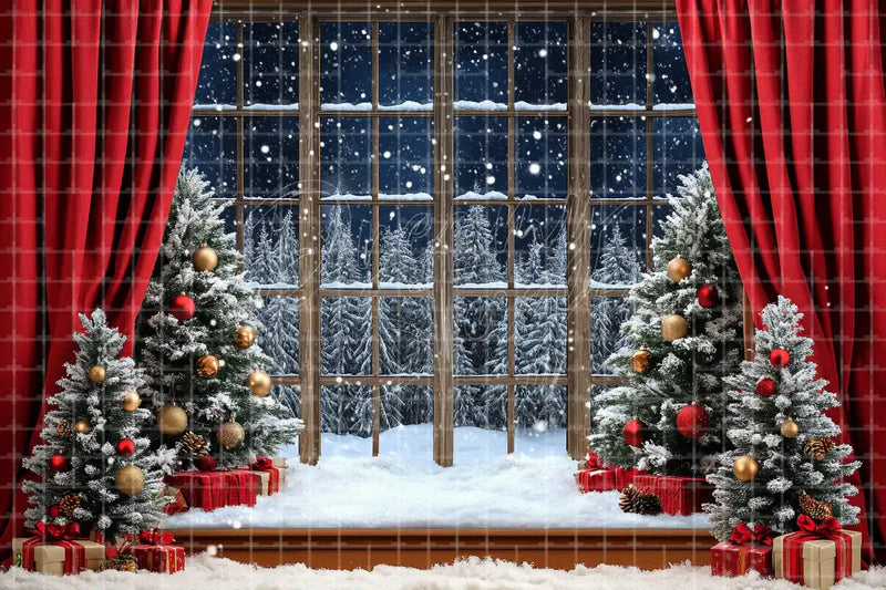 Christmas Window Stage Curtains digital decor backdrop and high-resolution christmas stage background for shop windows, holiday events, restaurant decor, bar parties, Christmas photo booths, retail displays, projection, LED screens, and local printing.