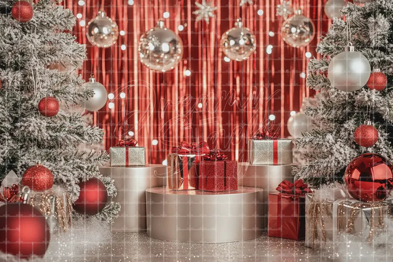 Red and Silver Ornament Christmas digital decor backdrop and high-resolution holiday photo booth background for shop windows, holiday events, restaurant decor, bar parties, Christmas photo booths, retail displays, projection, LED screens, and local printing.