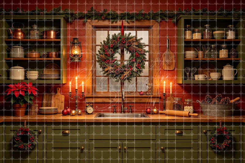 Cozy Christmas Kitchen Shelf digital decor backdrop and high-resolution holiday display background for shop windows, holiday events, restaurant decor, bar parties, Christmas photo booths, retail displays, projection, LED screens, and local printing.