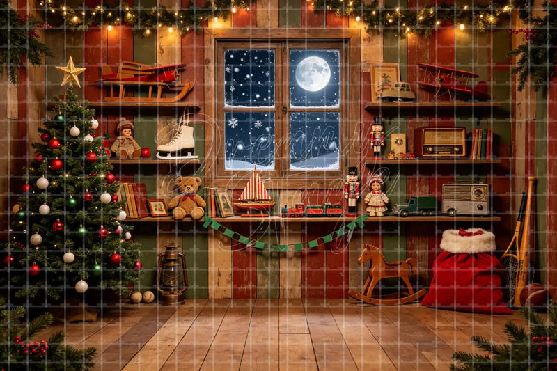 Warm Santa Workshop Room digital decor backdrop and high-resolution santa workshop background for shop windows, holiday events, restaurant decor, bar parties, Christmas photo booths, retail displays, projection, LED screens, and local printing.