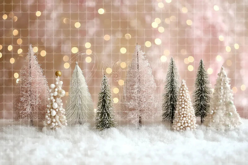 Soft Pink Winter Forest Christmas digital decor backdrop and high-resolution winter event background for shop windows, holiday events, restaurant decor, bar parties, Christmas photo booths, retail displays, projection, LED screens, and local printing.