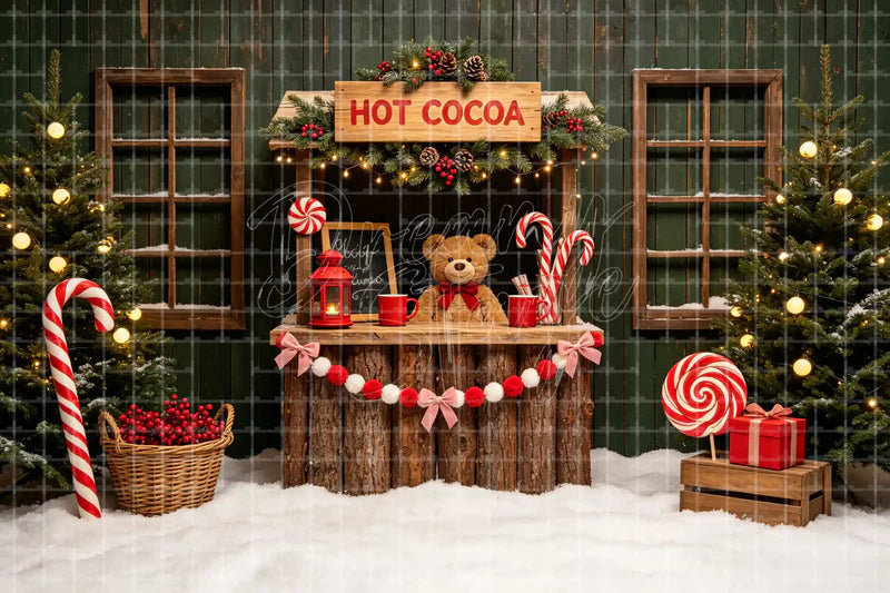 Hot Cocoa Stand Christmas digital decor backdrop and high-resolution holiday market background for shop windows, holiday events, restaurant decor, bar parties, Christmas photo booths, retail displays, projection, LED screens, and local printing.